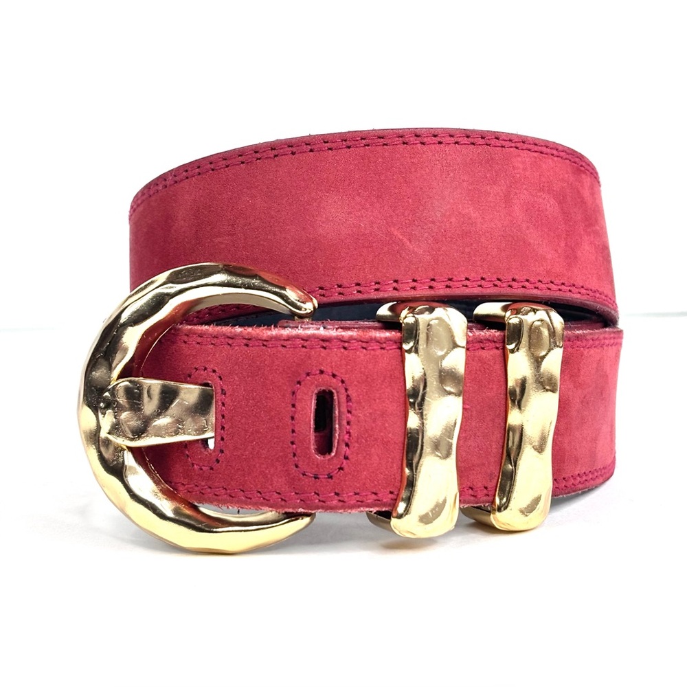 Express Red Suede Wide Retro Belt Curved Hammered Gold Buckle & Hardware Size M